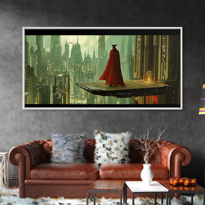 Red Cloaked Figure Above Futuristic City Wall Art, Sci Fi Fantasy Canvas Print, Dystopian Skyline, Modern Office Decor Gift