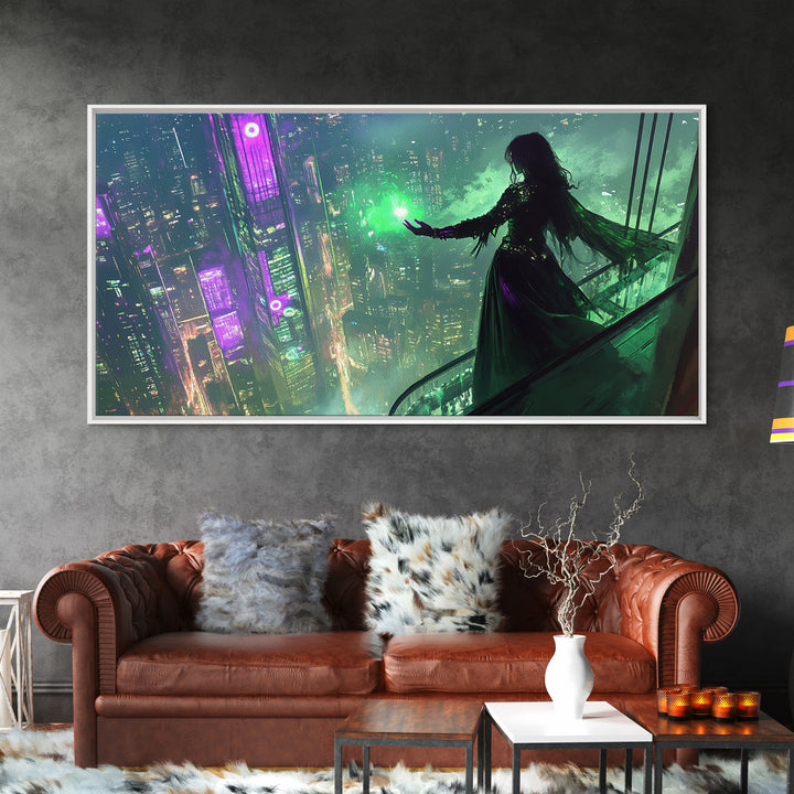 Neon Sorceress Over Cyberpunk Skyline Canvas Print, Futuristic Wall Art, Sci Fi Fantasy Decor, Unique Gaming Room Gift For Her