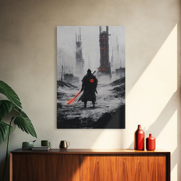 Dark Cyberpunk Warrior In Snowy Dystopian City Wall Art, Sci Fi Fantasy Poster, Futuristic Office Decor, Gamer Room Gift For Him