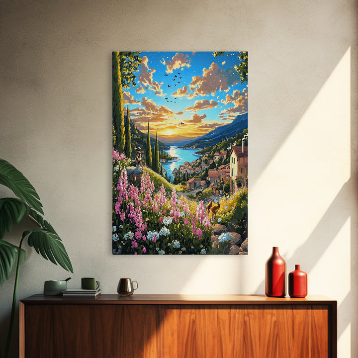 Sunset Lake Como Village With Wildflowers Canvas Print, Italian Landscape Wall Art, Mediterranean Travel Home Decor Gift For Her