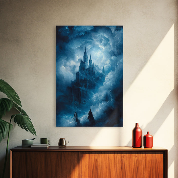 Blue Gothic Castle In Storm Clouds Framed Canvas Print, Dark Fantasy Wall Art, Moody Castle Poster For Bedroom Decor Gift