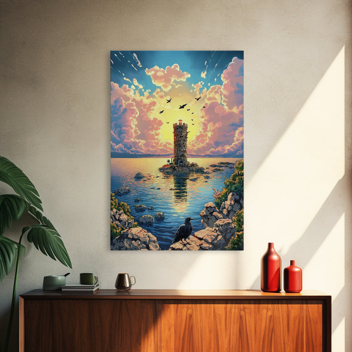 Sunset Lighthouse On Calm Sea With Raven Wall Art, Coastal Fantasy Canvas Print, Ocean Landscape Poster Home Decor Gift For Her
