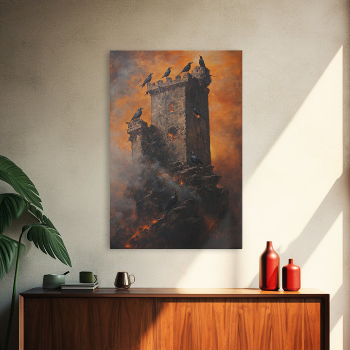 Burning Stone Tower With Black Ravens Framed Canvas Print, Gothic Dark Fantasy Wall Art, Moody Raven Castle Decor Gift For Him