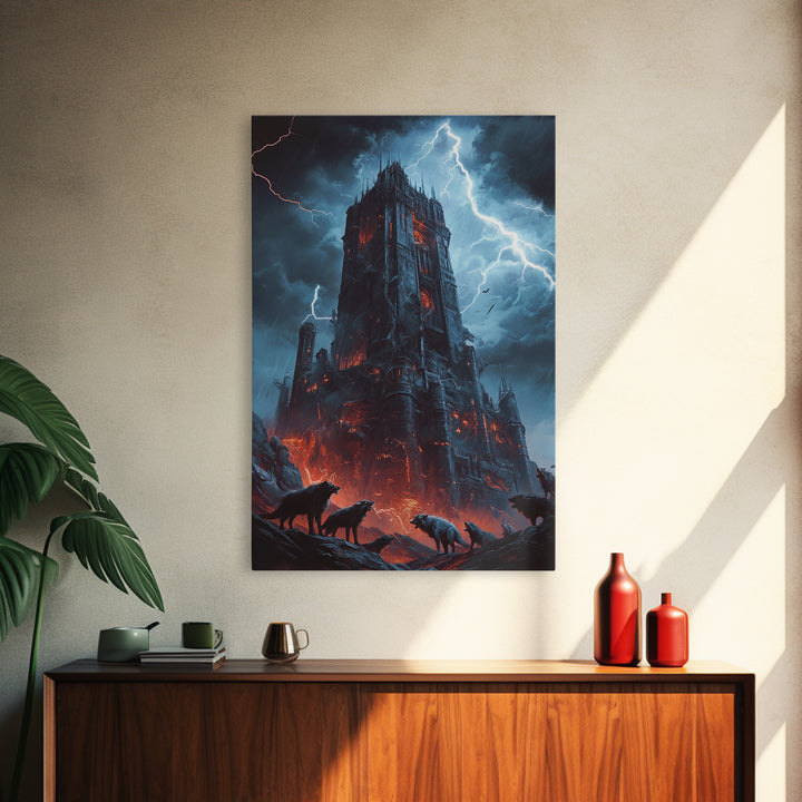 Fiery Gothic Fortress With Lightning And Wolves Wall Art, Dark Fantasy Framed Canvas Print, Horror Castle Decor Gift For Him