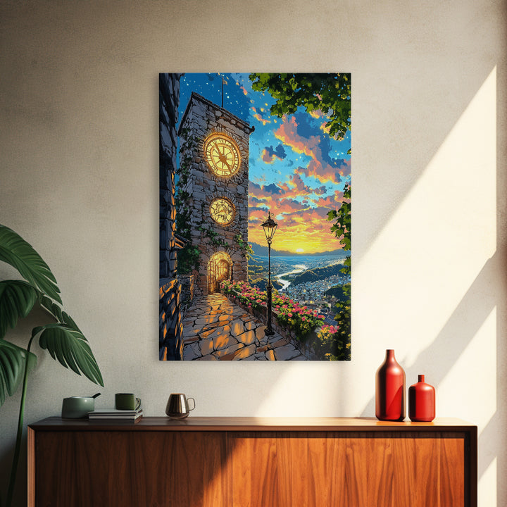 Glowing Clock Tower Over Coastal Village Canvas Print, Mediterranean Landscape Wall Art, Italy Travel Poster Home Decor Gift
