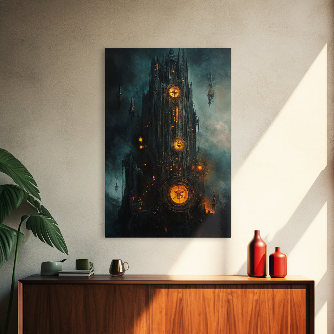 Dark Clockwork Gothic Tower With Glowing Gears Wall Art, Steampunk Fantasy Canvas Print, Moody Industrial Decor Gift For Him