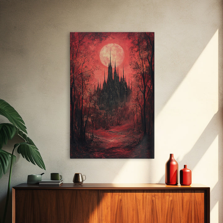 Red Moon Gothic Castle In Dark Forest Wall Art, Romantic Gothic Framed Canvas Print, Moody Halloween Bedroom Decor Gift For Her