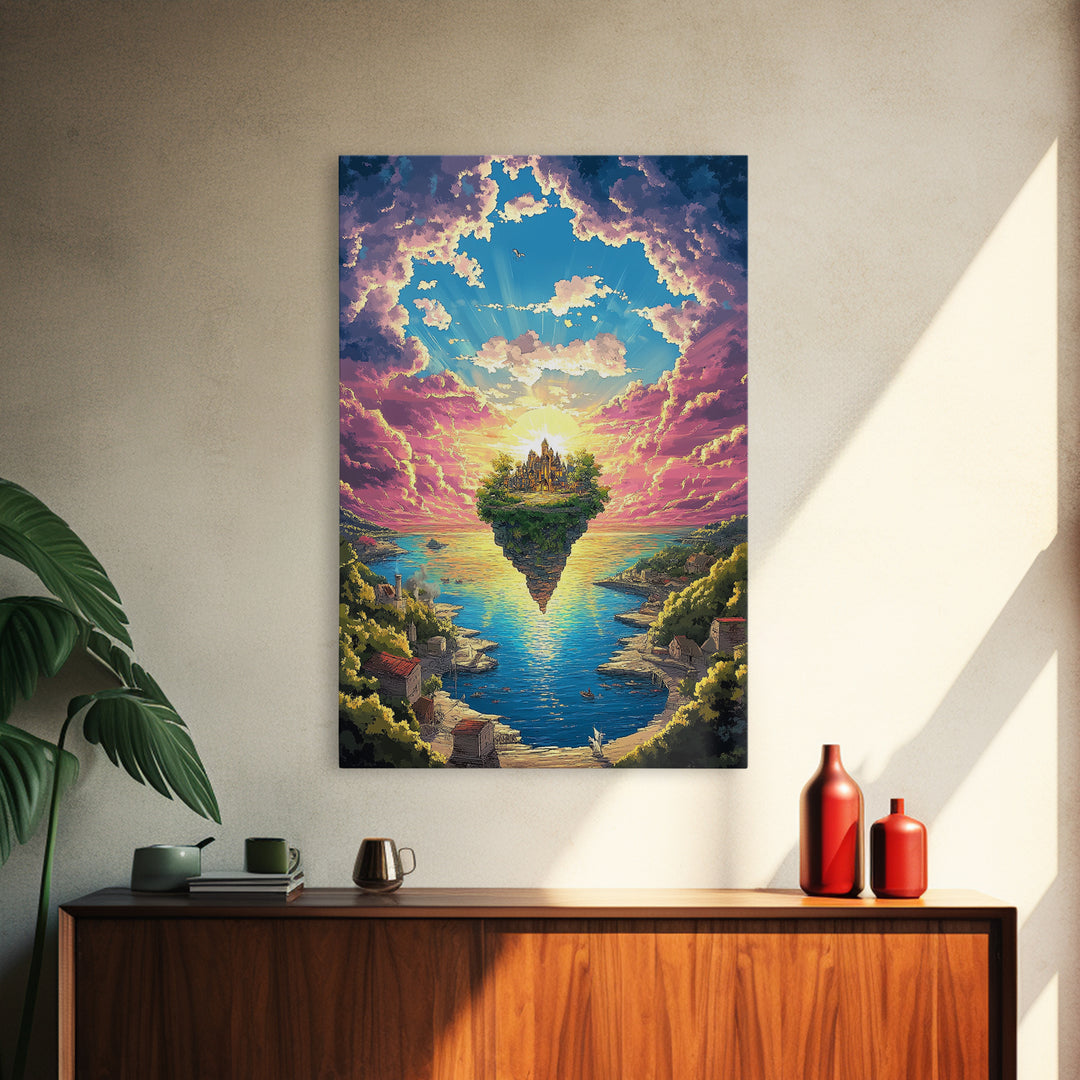 Floating Island Castle At Sunrise, Fantasy Canvas Print, Coastal Landscape Wall Decor, Whimsical Living Room Art Gift Idea