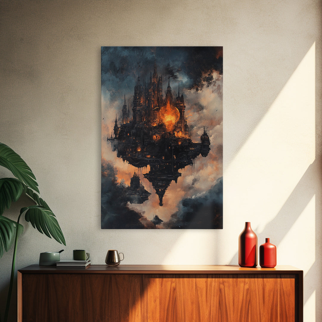 Dark Floating Gothic Castle, Fantasy Framed Canvas Print, Moody Cloudscape Wall Art, Dark Academia Home Decor Gift For Him