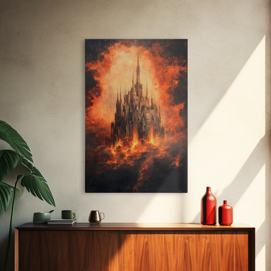 Fiery Gothic Cathedral In Storm Clouds, Dark Fantasy Canvas Print, Moody Wall Art, Gothic Dark Academia Home Decor Gift For Him