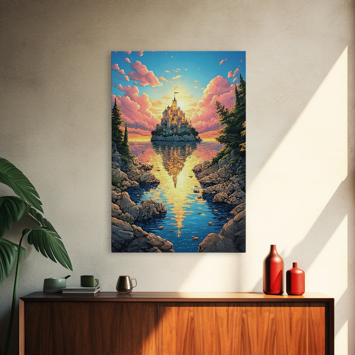 Island Castle Reflected In Cove, Fantasy Wall Art, Colorful Coastal Landscape Canvas Print, Whimsical Home Decor Gift Idea