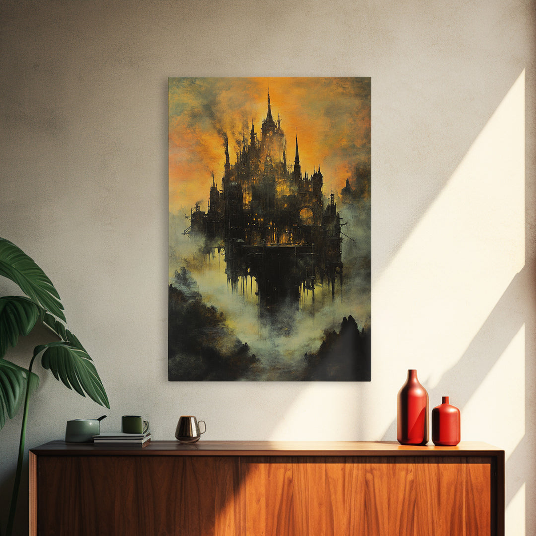 Moody Castle In Golden Mist, Dark Fantasy Framed Canvas Print, Gothic Wall Art, Dark Academia Living Room Decor Gift For Him