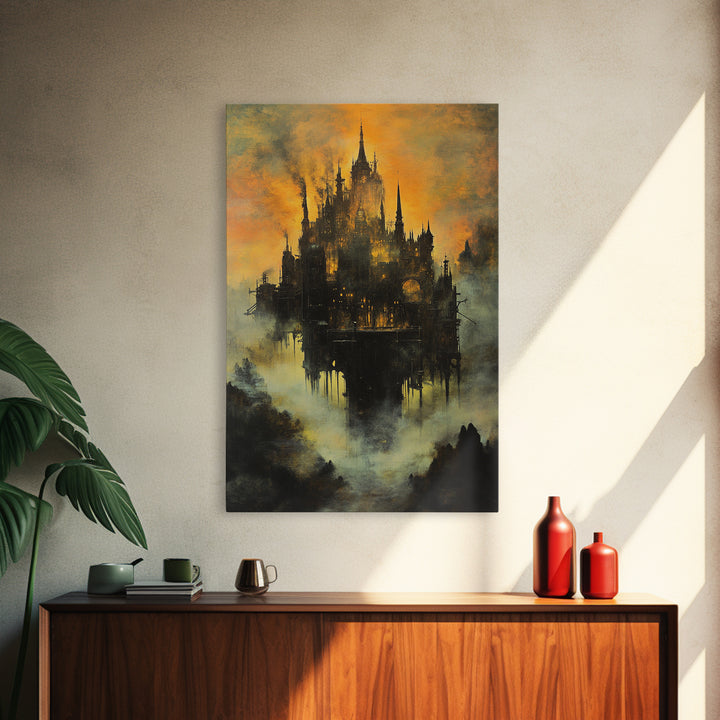 Moody Castle In Golden Mist, Dark Fantasy Framed Canvas Print, Gothic Wall Art, Dark Academia Living Room Decor Gift For Him