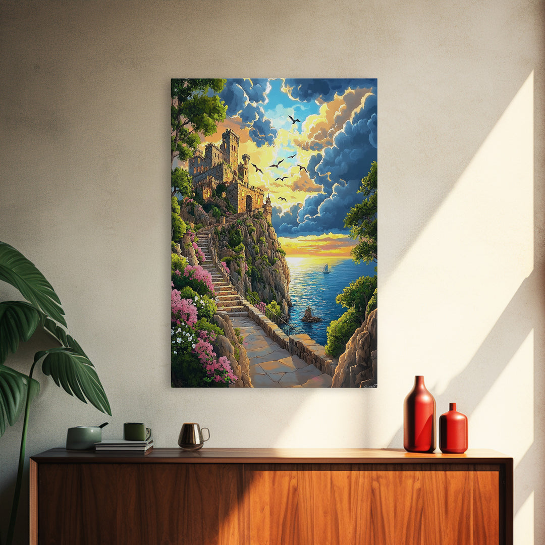 Seaside Ruins Stairway At Sunset, Coastal Wall Art, Castle Landscape Canvas Print, Whimsical Mediterranean Home Decor Gift