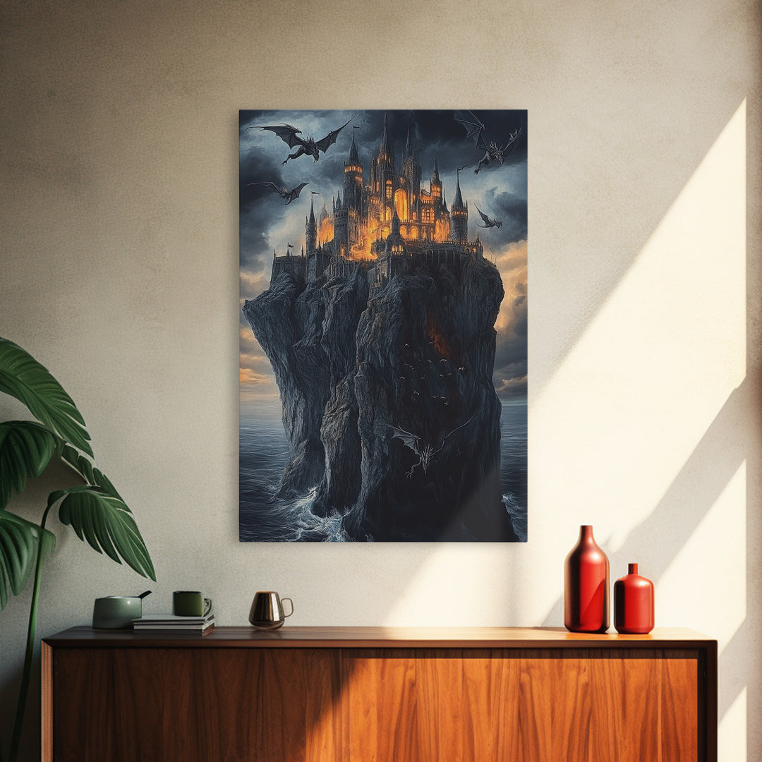 Gothic Dragon Castle On Sea Cliff Framed Canvas Print, Dark Fantasy Wall Art, Medieval Decor, Moody Castle Art Gift, Gothic Wall Decor