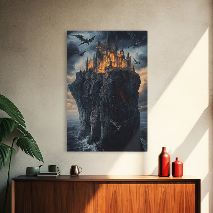 Gothic Dragon Castle On Sea Cliff Framed Canvas Print, Dark Fantasy Wall Art, Medieval Decor, Moody Castle Art Gift, Gothic Wall Decor