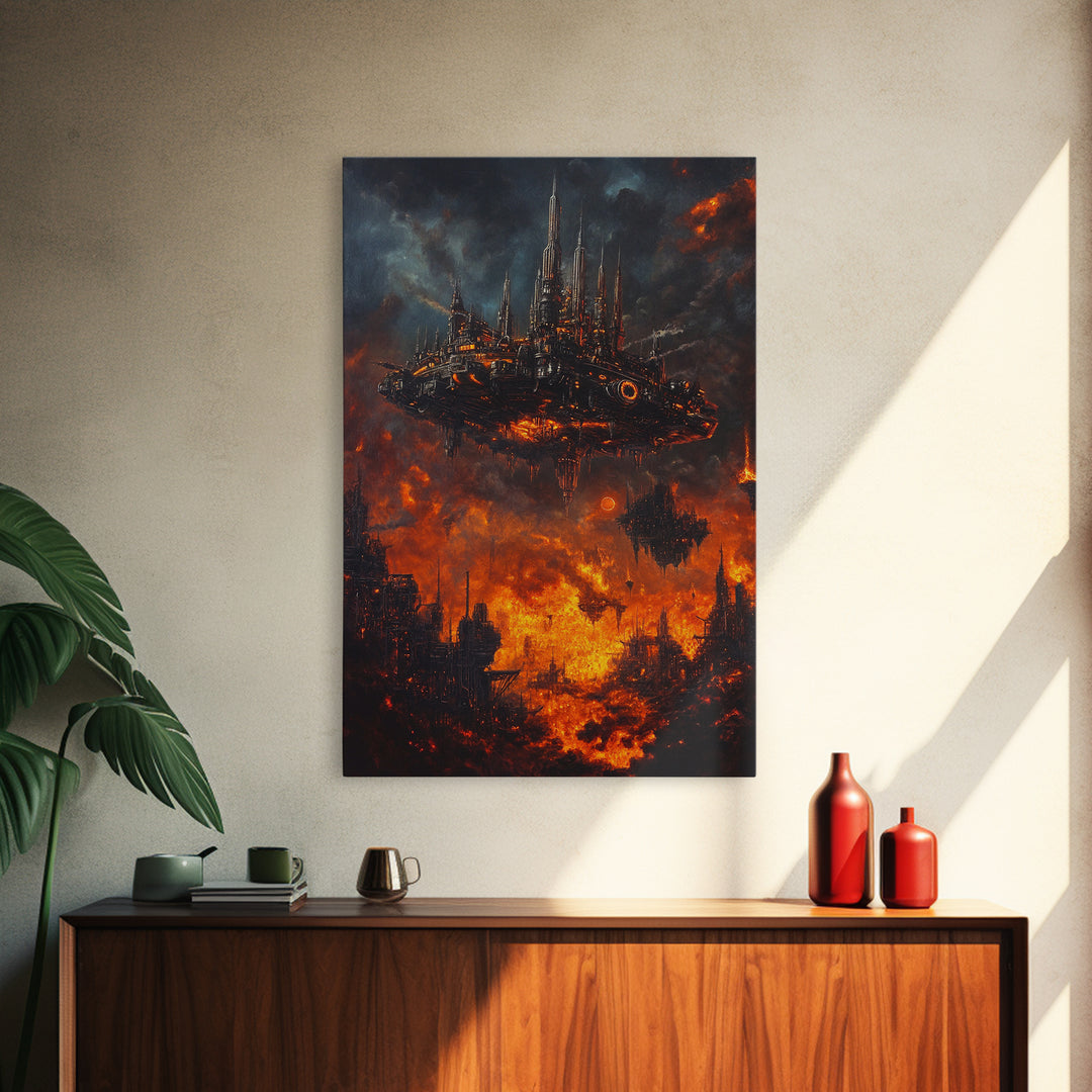 Fiery Dystopian Floating City Framed Canvas Print, Cyberpunk Wall Art, Dark Sci Fi Decor, Apocalyptic Fantasy Art, Poster