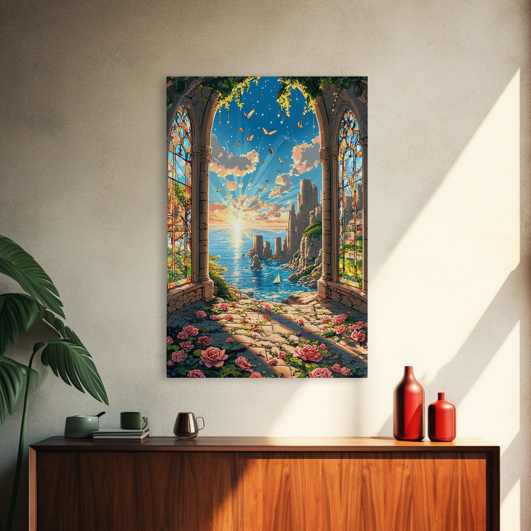Sunlit Stained Glass Arch Ocean Ruins Framed Canvas Print, Coastal Wall Art, Rose Garden Decor, Fantasy Seascape Art Gift