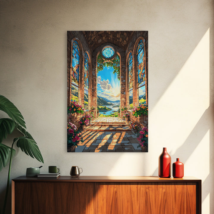 Cathedral Window Lake Vista Framed Canvas Print, Stained Glass Wall Art, Floral Garden Decor, Serene Coastal Landscape Art