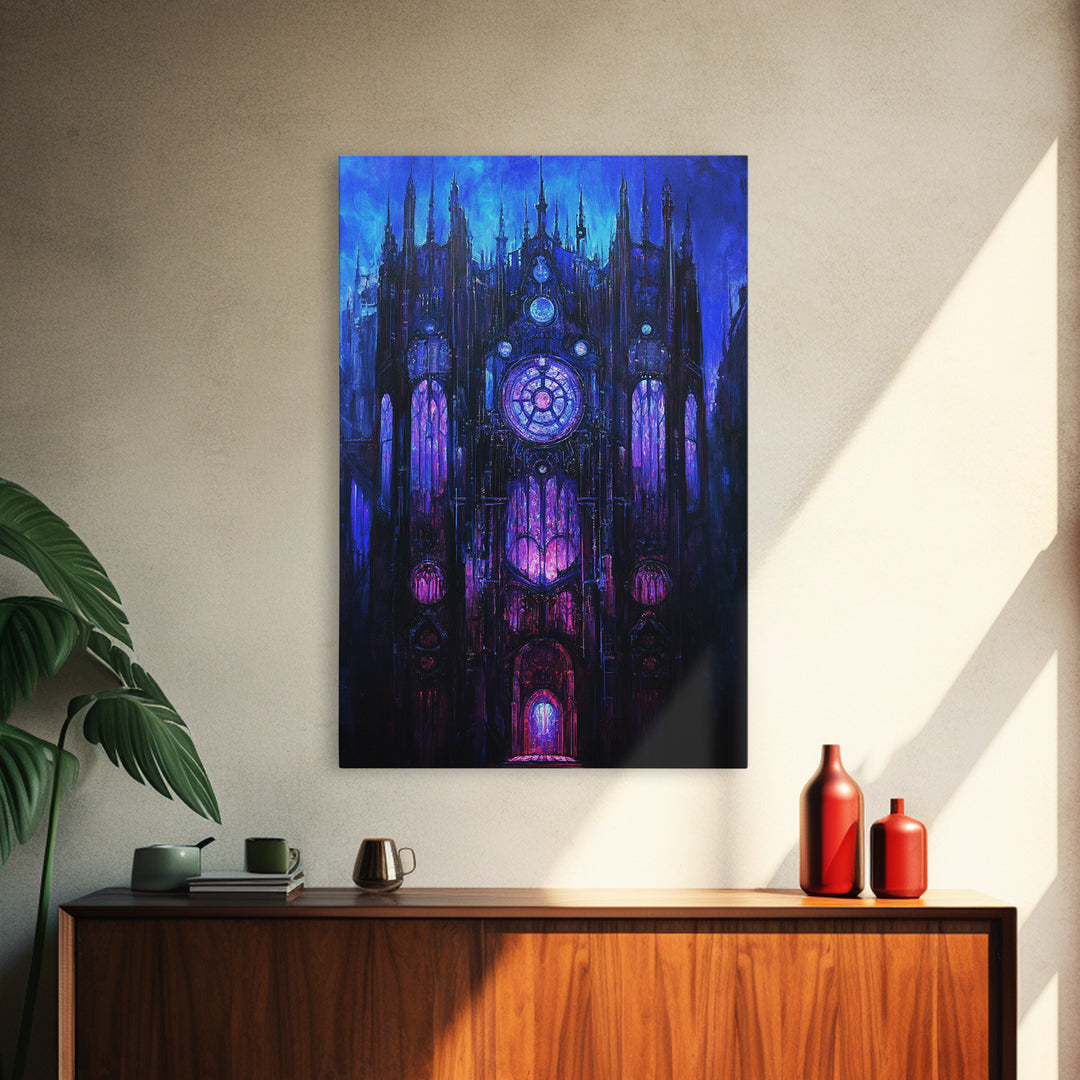 Blue Gothic Clockwork Cathedral Canvas Print, Dark Academia Wall Art, Purple Stained Glass Decor, Moody Fantasy Art Poster