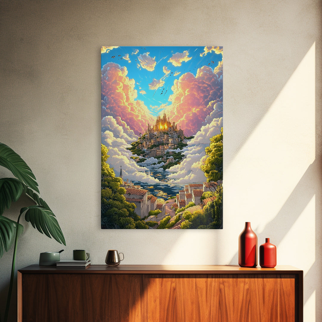 Heavenly Cloud City Above Coastal Village Canvas Print, Fantasy Wall Art, Colorful Landscape Decor, Dreamy Sunlit Poster