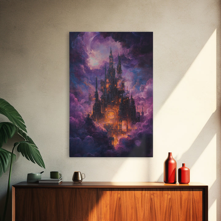 Mystical Purple Cloud Castle Framed Canvas Print, Dark Fantasy Wall Art, Celestial Gothic Decor, Moody Surreal Art Gift For Her