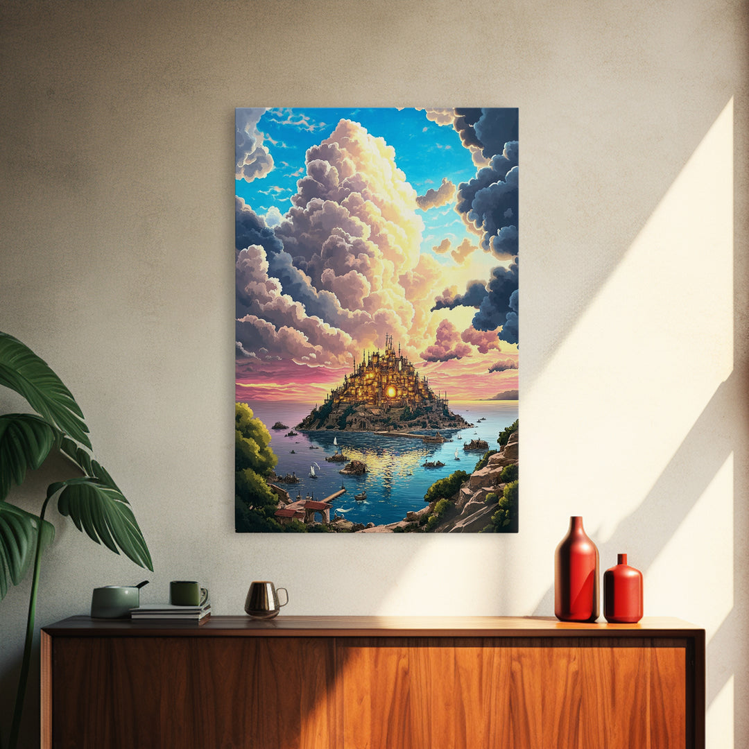 Golden Island Castle At Sunset Canvas Print, Fantasy Seascape Wall Decor, Coastal Landscape Art For Living Room Decor Gift