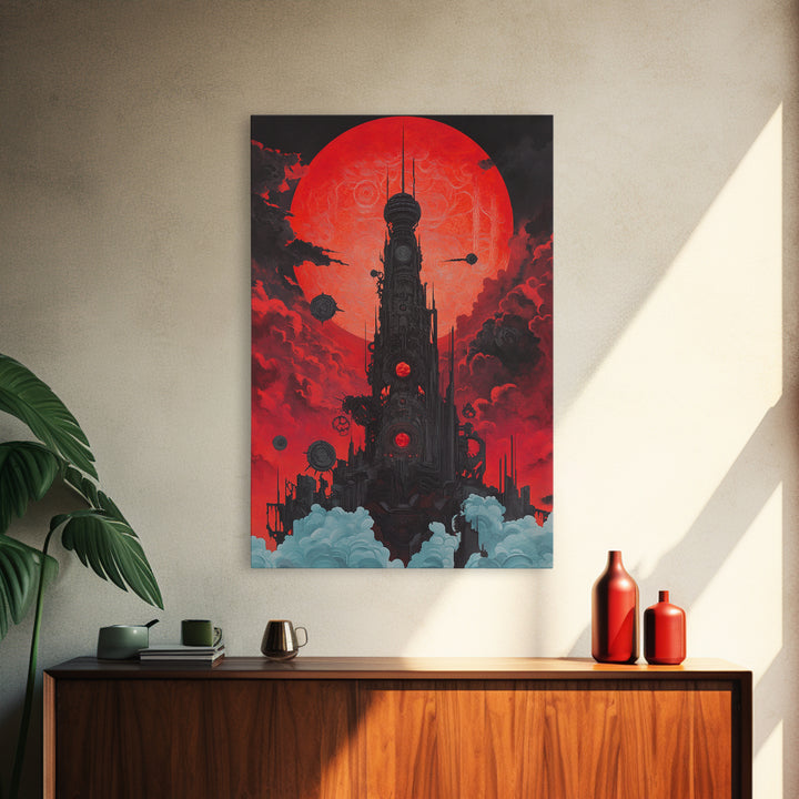 Red Moon Futuristic Tower Wall Art, Dark Sci Fi Cityscape Poster, Cyberpunk Gothic Decor For Gaming Room And Office Decor
