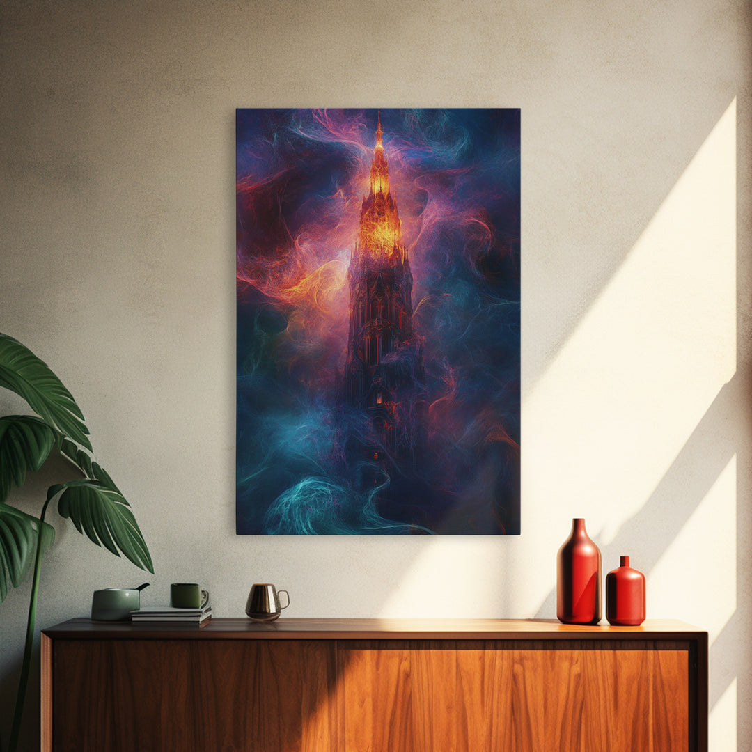 Fiery Gothic Tower Framed Canvas Print, Dark Fantasy Abstract Art, Moody Surreal Wall Decor For Office And Living Room Art