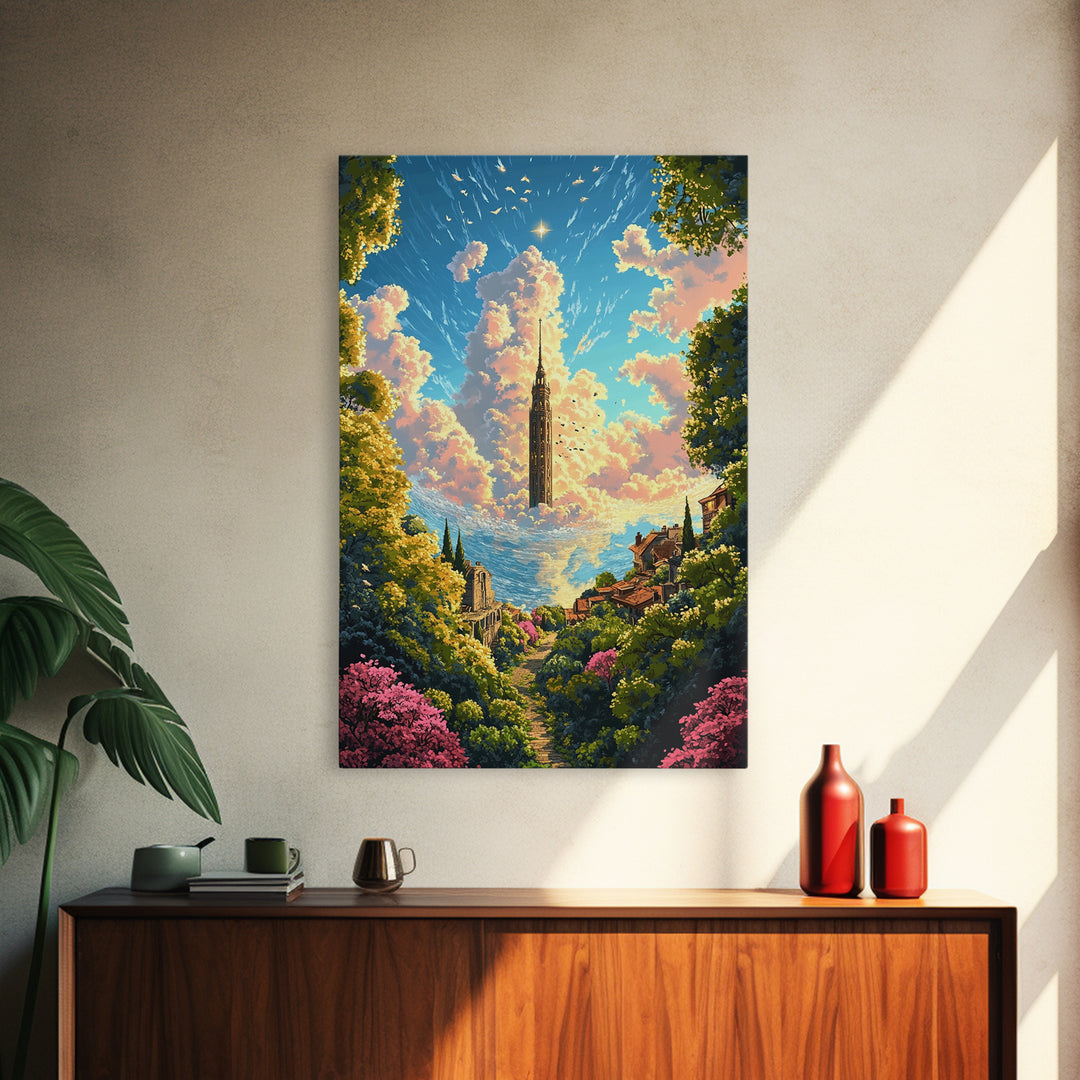 Floating Cloud Tower Canvas Print, Whimsical Fantasy Landscape Wall Art, Dreamy Garden Decor For Bedroom And Nursery Gift