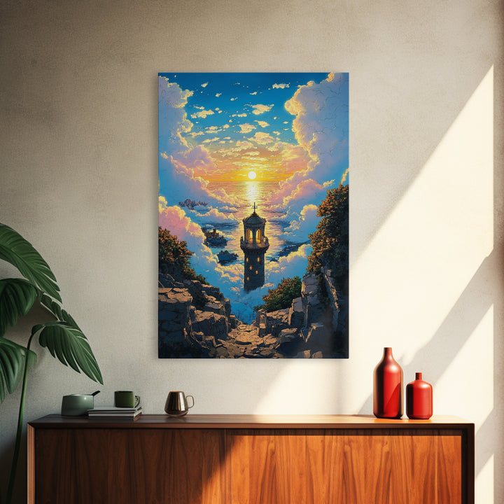 Sunset Sea Tower Canvas Print, Dreamy Cloud Ocean Landscape Wall Art, Coastal Fantasy Decor For Bedroom And Living Room Gift