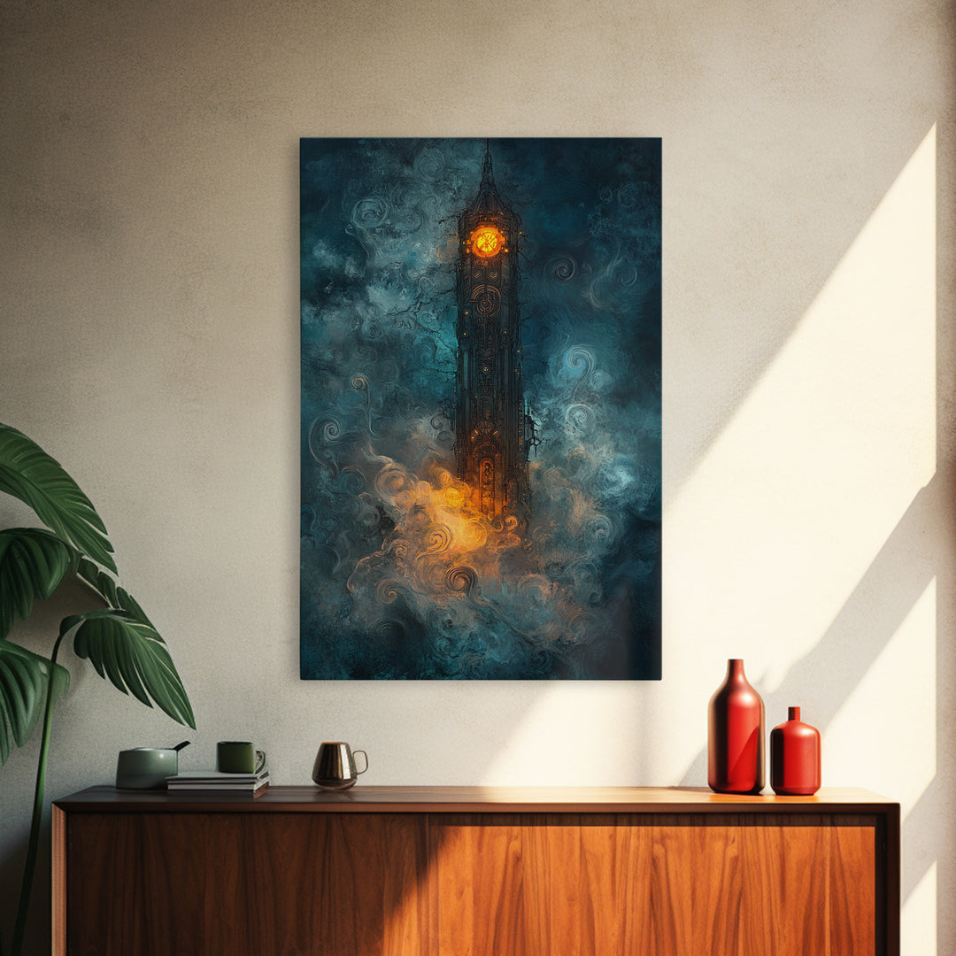 Dark Clock Tower In Teal Fog Wall Art, Gothic Fantasy Castle Canvas, Moody Steampunk Decor, Surreal Large Print, Living Room Wall Decor