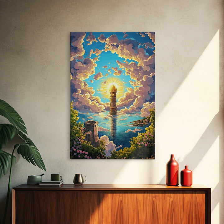 Sunlit Sea Tower And Golden Clouds Framed Canvas Print, Coastal Fantasy Wall Art, Ocean Landscape, Living Room Decor, Home Decor