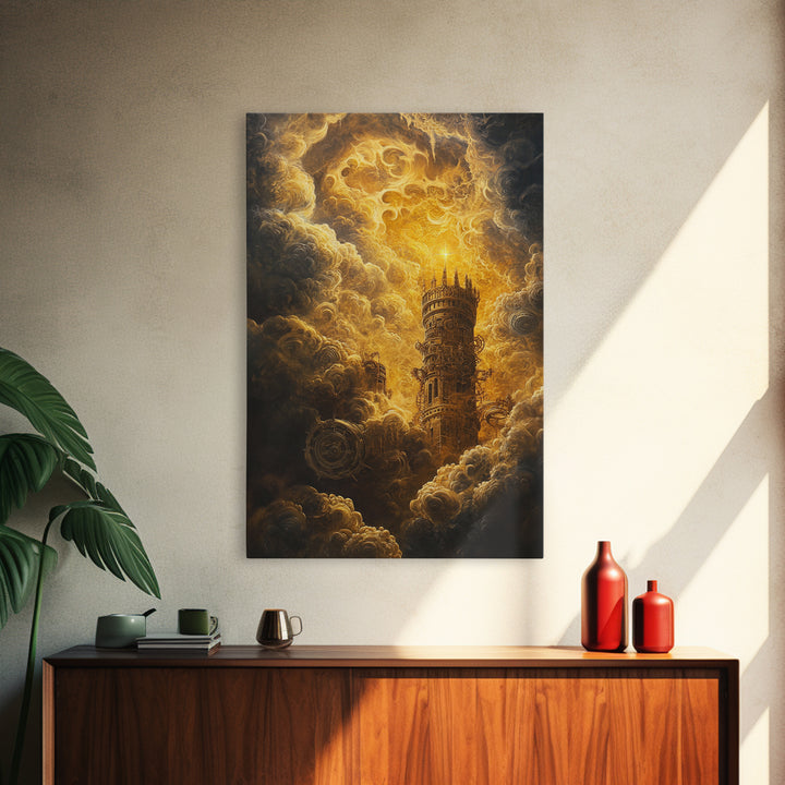 Golden Celestial Tower In Storm Clouds Canvas Print, Dark Fantasy Wall Art, Steampunk Castle, Gothic Living Room Decor Print