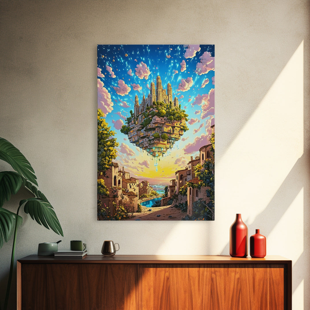 Floating Castle City Over Seaside Village Wall Art, Colorful Fantasy Canvas Print, Whimsical Coastal Living Room Decor Print