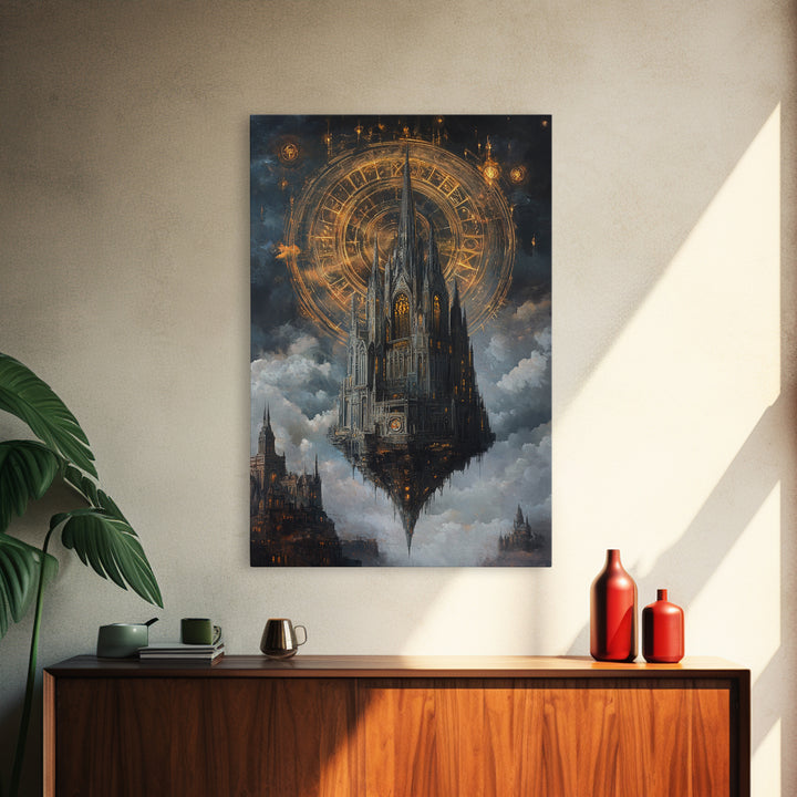 Floating Gothic Cathedral With Celestial Clock Framed Canvas Print, Dark Academia Wall Art, Steampunk Fantasy Office Decor