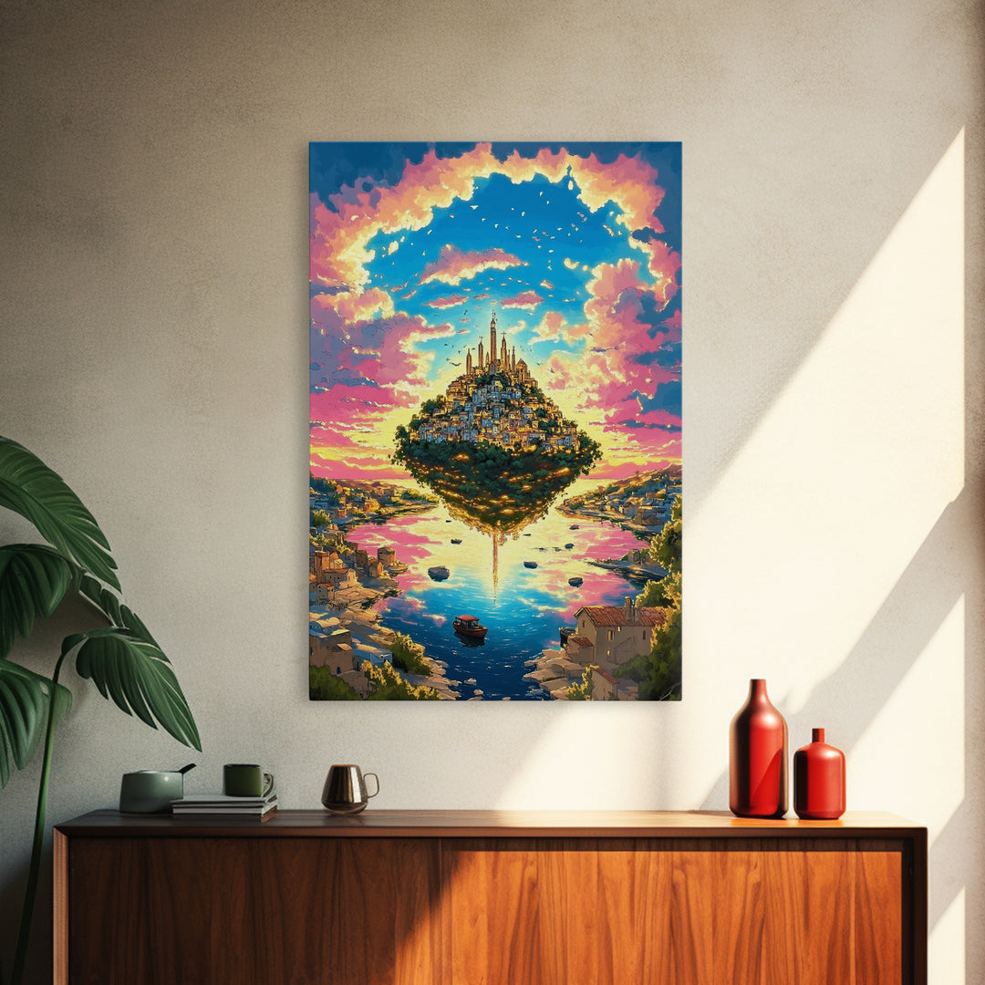 Floating Island City At Pink Sunset Wall Art, Vibrant Fantasy Landscape Canvas Print, Coastal Village, Colorful Home Decor