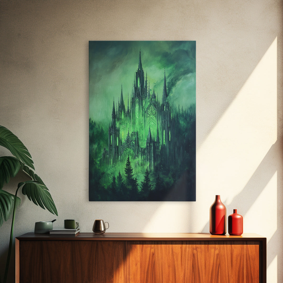 Emerald Gothic Castle In Misty Forest Wall Art, Dark Fantasy Decor, Moody Green Gothic Wall Decor, Magical Castle Print Poster