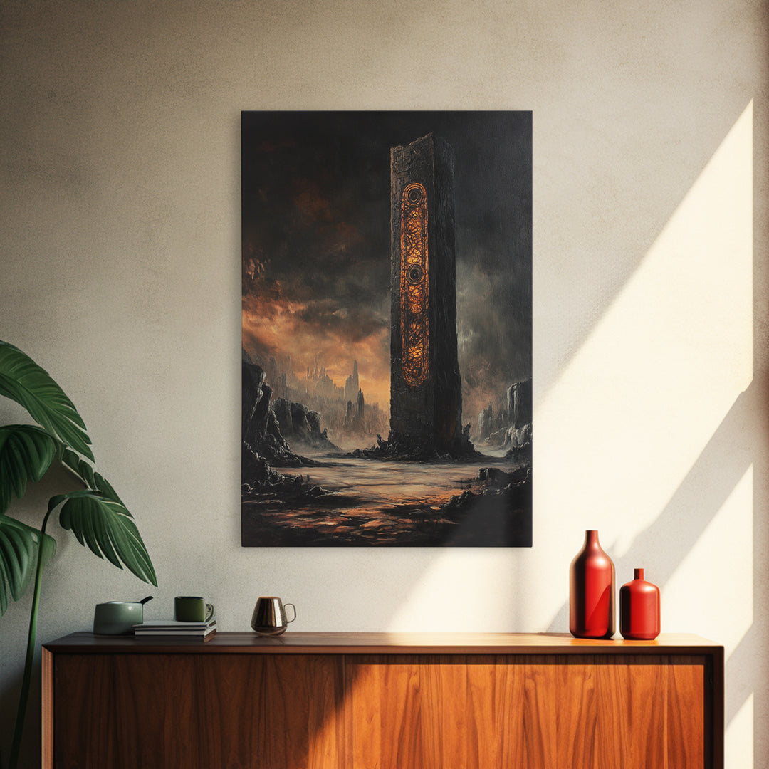 Ancient Rune Monolith In Dark Wasteland Canvas Print, Dystopian Sci Fi Wall Decor, Futuristic Tower Art, Gothic Home Decor