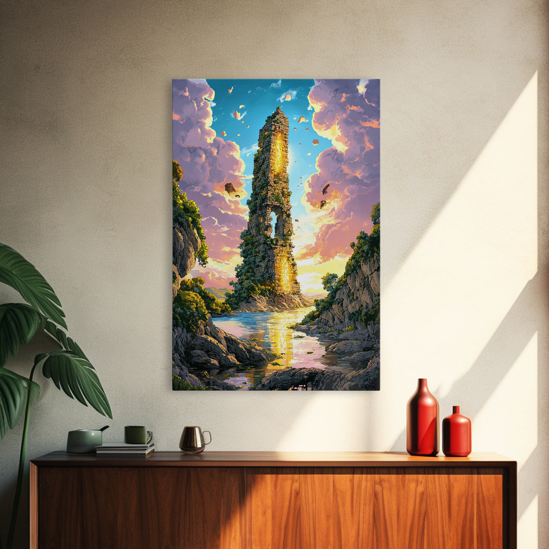 Sunlit Ruined Tower With Golden Portal Canvas Print, Fantasy River Landscape Art, Vibrant Coastal Wall Decor, Magical Home Decor