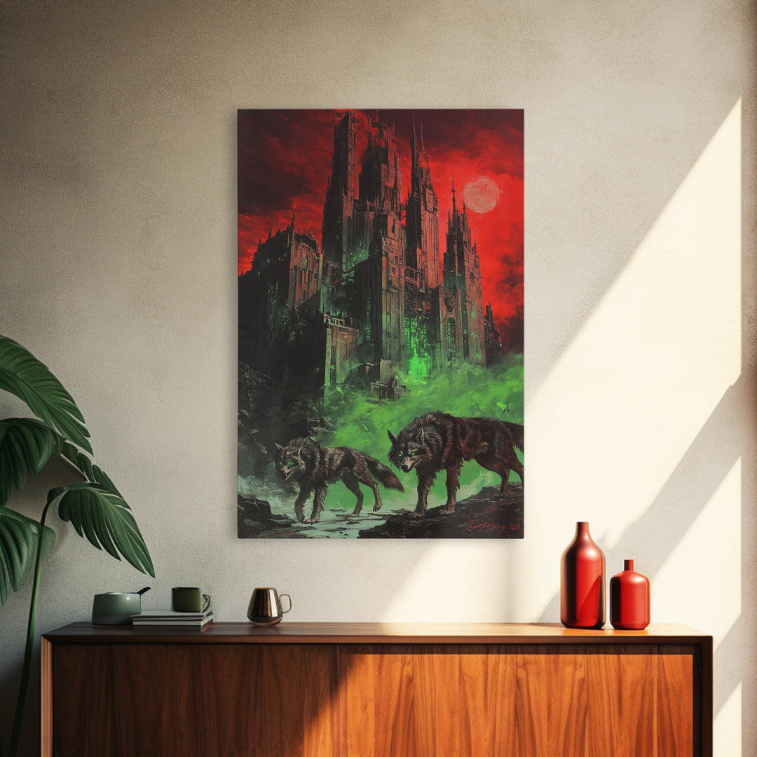 Red Moon Gothic Citadel With Wolves Wall Art, Dark Fantasy Castle Print, Black And Red Wall Decor, Moody Gothic Home Decor