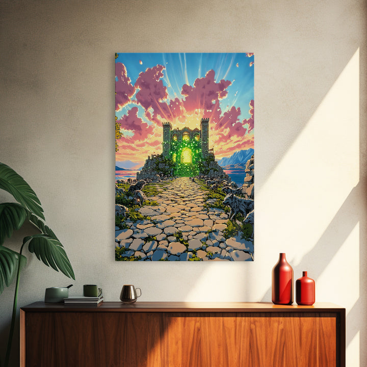 Glowing Green Ruined Castle Path Framed Canvas Print, Fantasy Landscape Wall Art, Colorful Mountain Decor, Whimsical Wolf Art