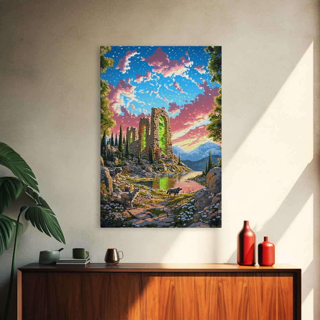 Sunset Stone Ruins With Green Portal Canvas Print, Fantasy Mountain Landscape Wall Art, Vibrant Nature Decor, Whimsical Goat Art