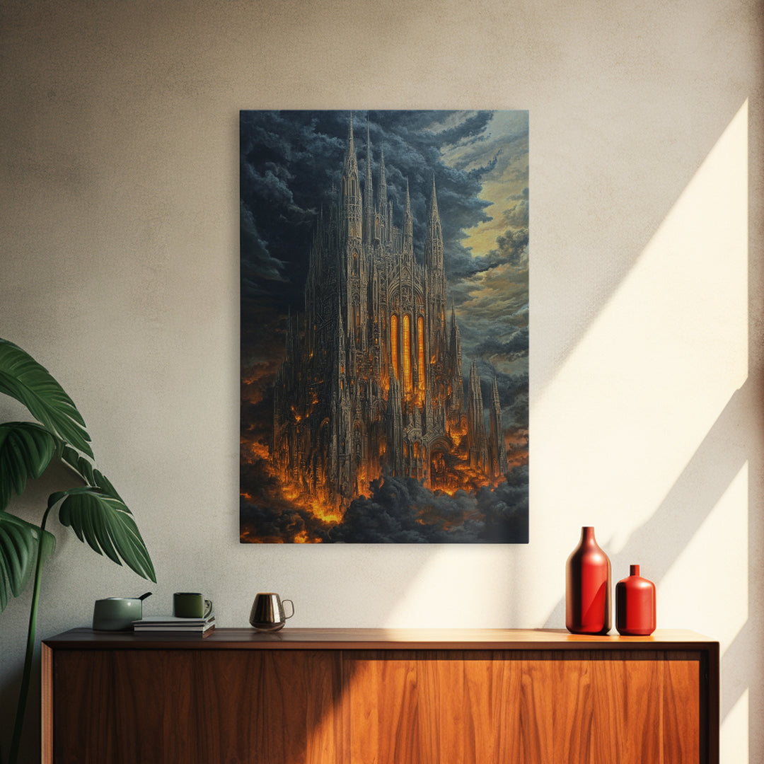 Fiery Gothic Cathedral In Storm Clouds Framed Canvas Print, Dark Fantasy Wall Art, Moody Medieval Decor For Dramatic Rooms