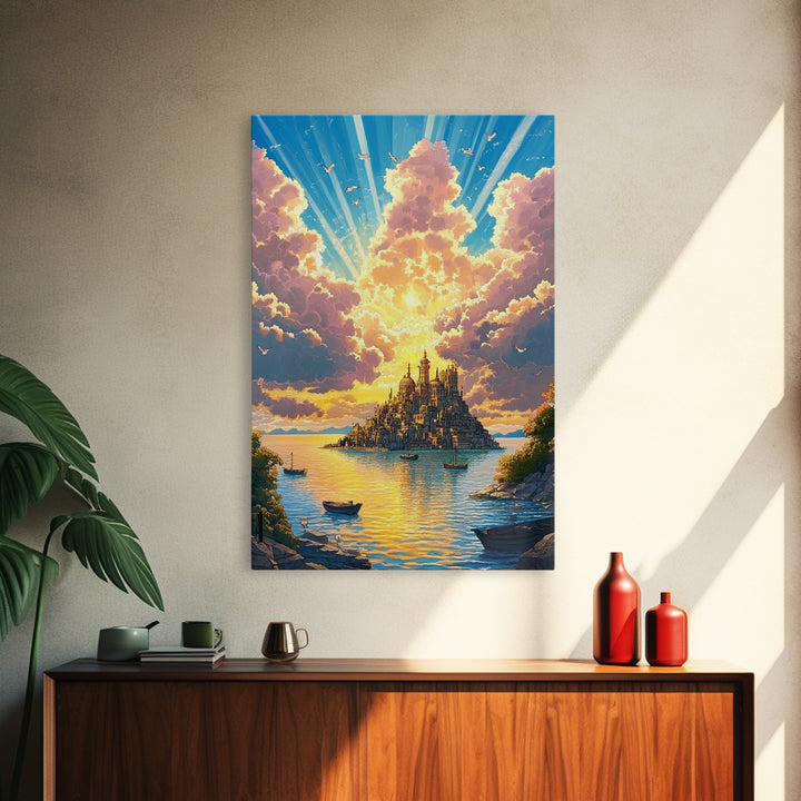 Golden Island Cathedral With Boats Canvas Print, Coastal Fantasy Wall Art, Sunset Seascape Decor For Serene Living Room Art