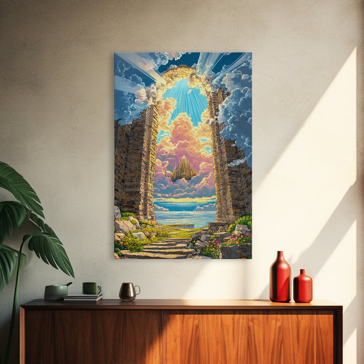 Stone Portal To Floating Castle Framed Canvas Print, Fantasy Landscape Wall Art, Magical Ruins Decor, Unique Gift For Her