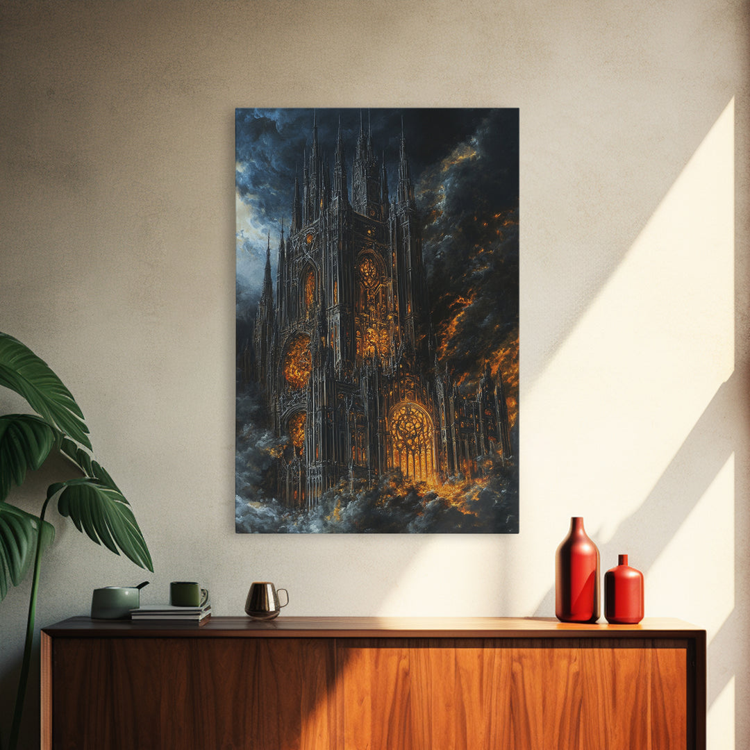 Burning Gothic Cathedral Under Stormy Sky Framed Canvas Print, Dark Academia Wall Art, Moody Medieval Decor Gift For Him