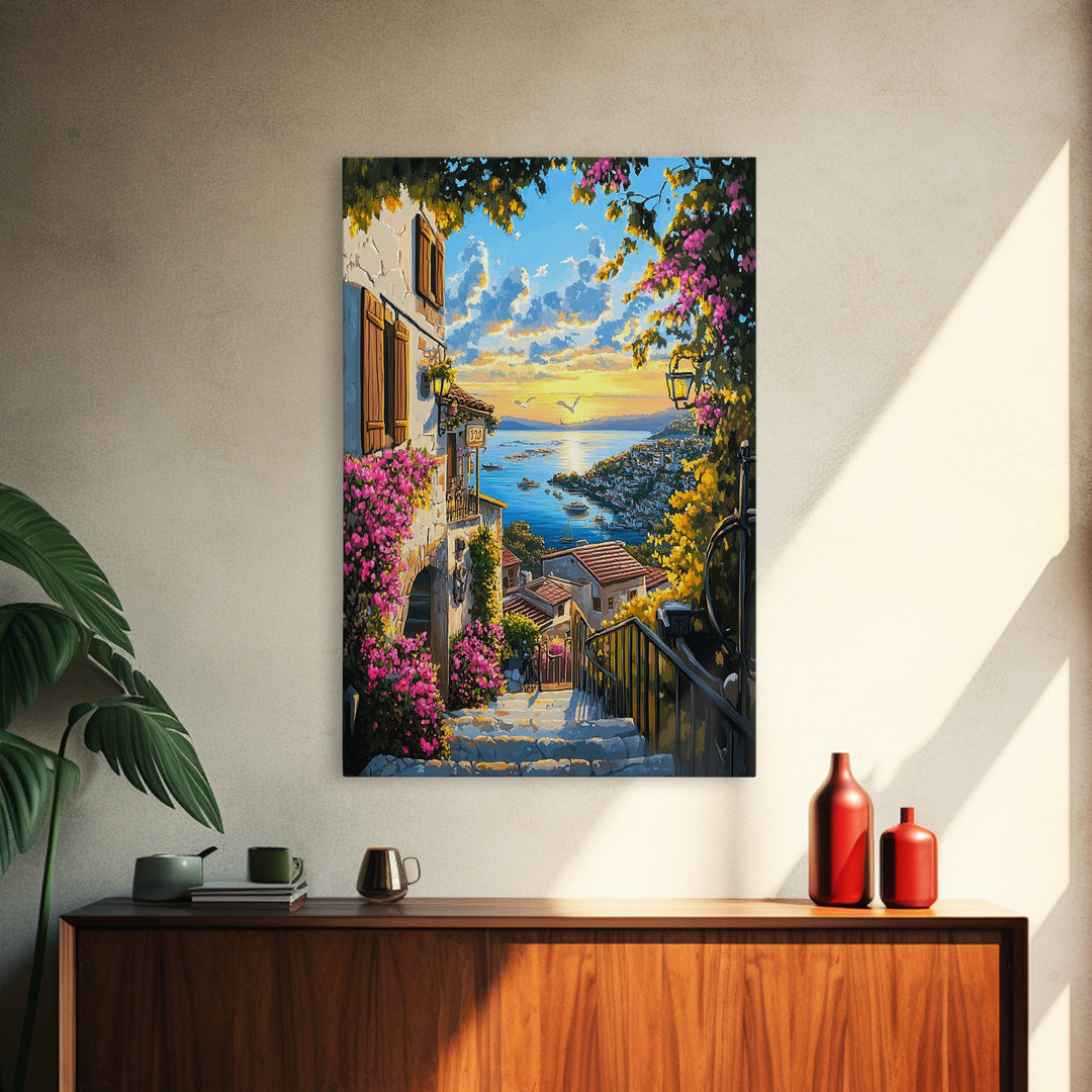 Mediterranean Village Steps Above Blue Sea Wall Art, Coastal Canvas Print, Floral Travel Poster Decor, Gift For Her Home Decor