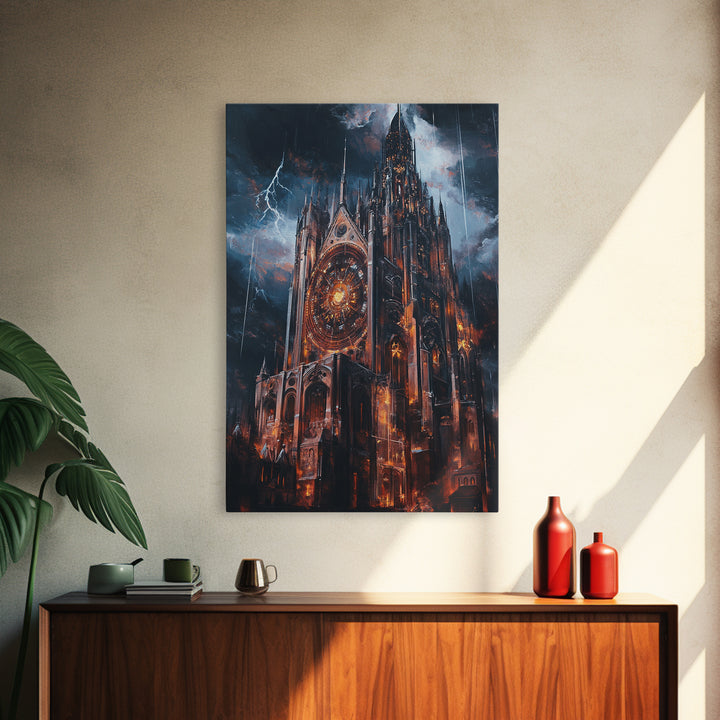 Stormy Gothic Cathedral With Lightning Framed Canvas Print, Dark Fantasy Wall Art, Dramatic Medieval Decor For Masculine Office