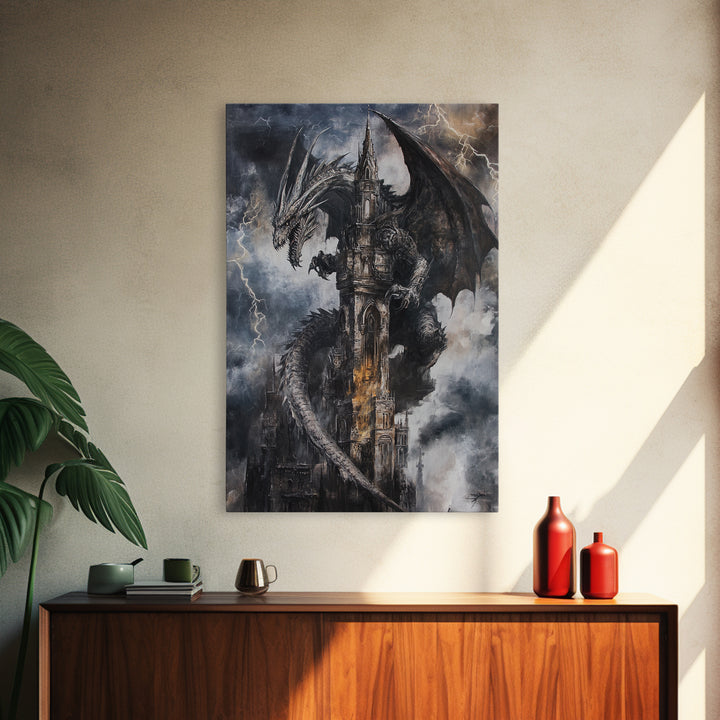 Dark Storm Dragon Cathedral Wall Art, Gothic Fantasy Castle Canvas, Lightning Dragon Print, Moody Medieval Home Decor Gift